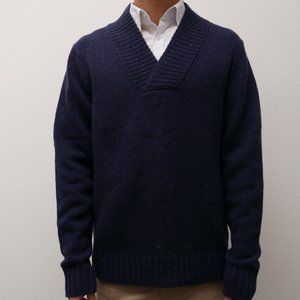 Navy Collared Flecked  V Neck Thick Winter Donegal Sweater